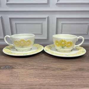 Handmade Ceramic Daisy Tea Cup and Saucer Yellow White Floral 2pc Set Signed